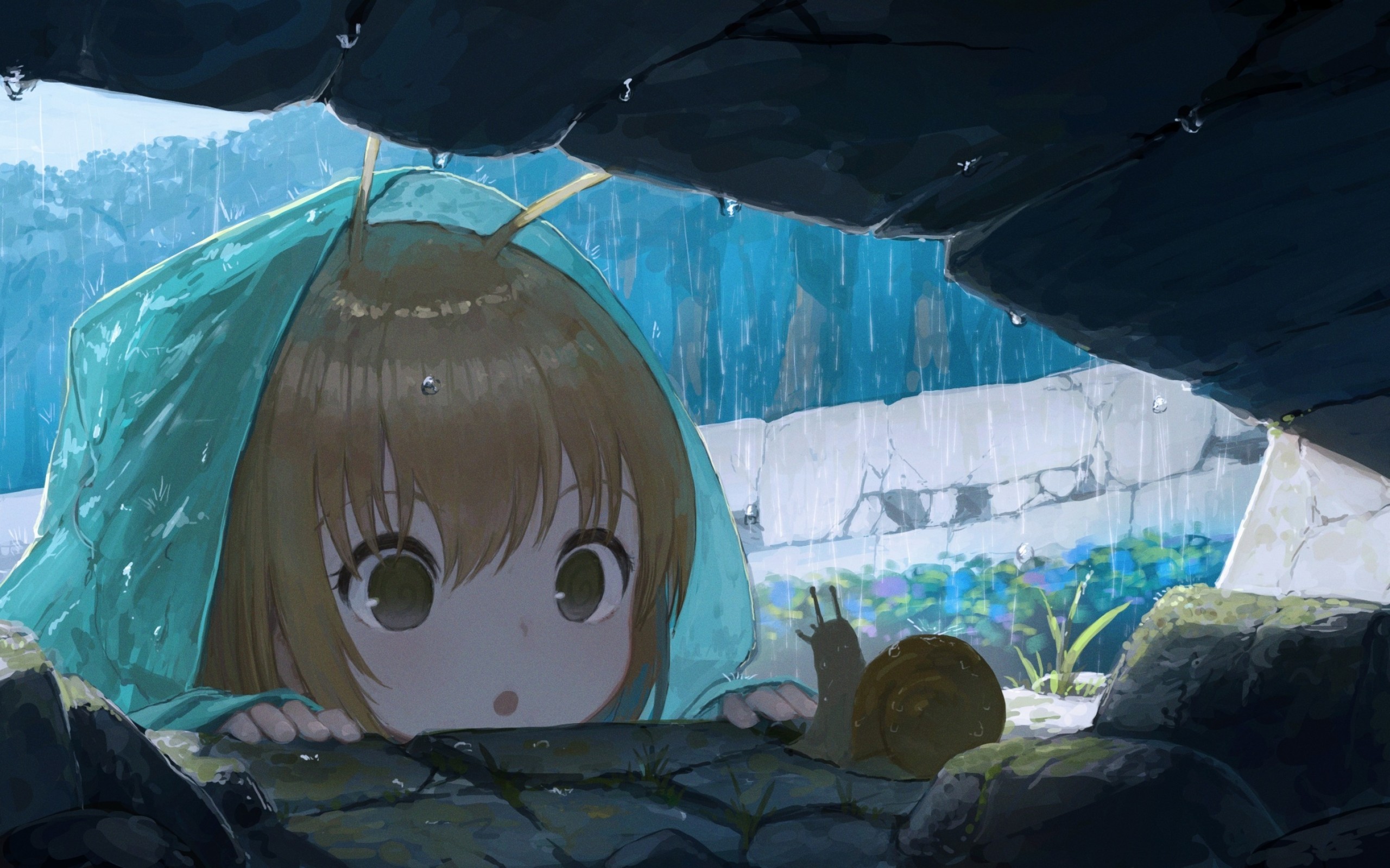 雨天屋檐下的小女孩和蜗牛